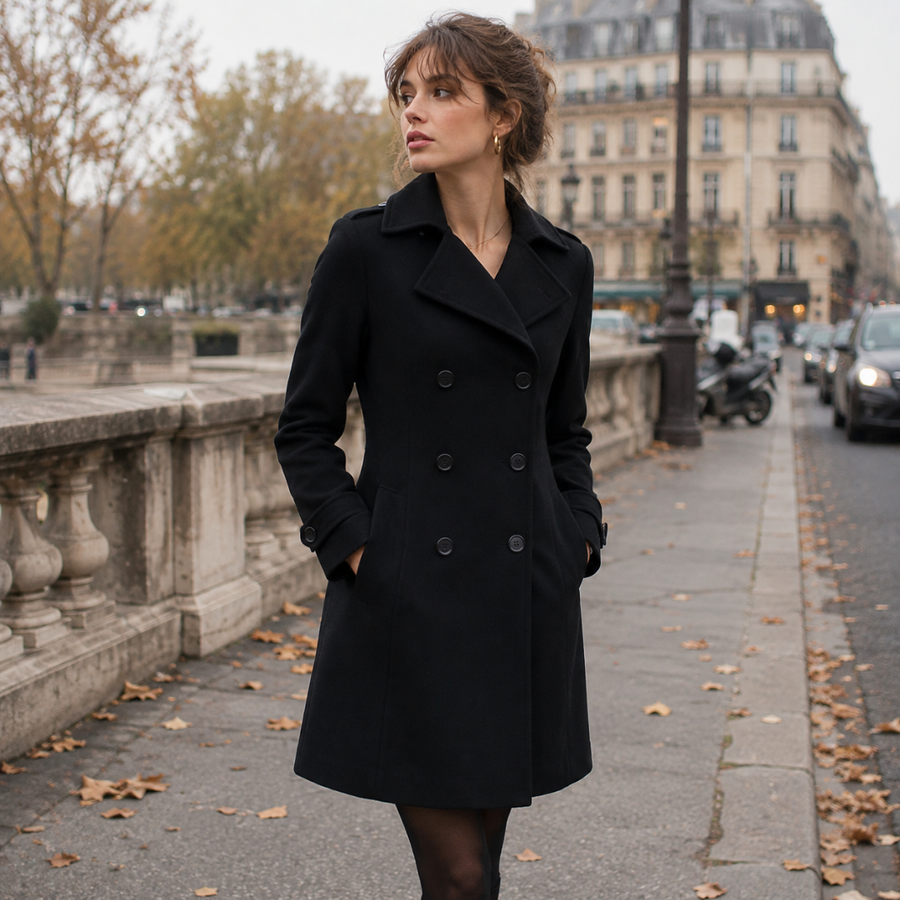 Manteau femme noir croisé à col tailleur cranté et boutons foncés, porté en ville
