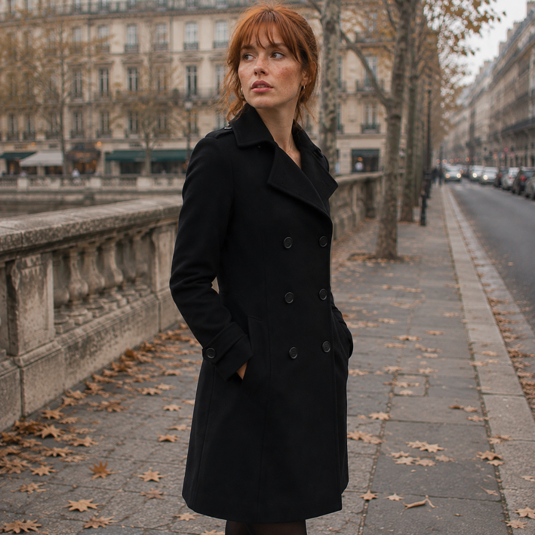 Manteau femme noir croisé avec large col cranté et pattes boutonnées aux poignets