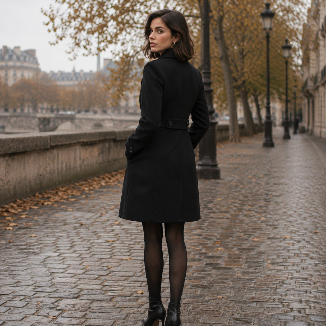 Dos du manteau femme noir avec martingale boutonnée et couture centrale