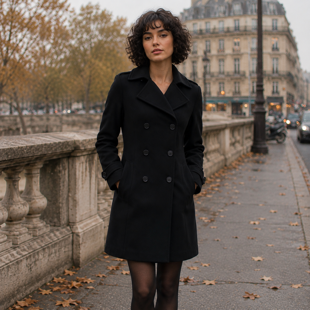 Manteau noir femme boutonné, épaulettes marquées et coupe mi-longue légèrement évasée