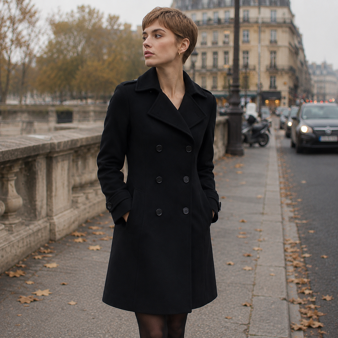 Manteau femme noir croisé porté ouvert au col, six boutons visibles sur le devant