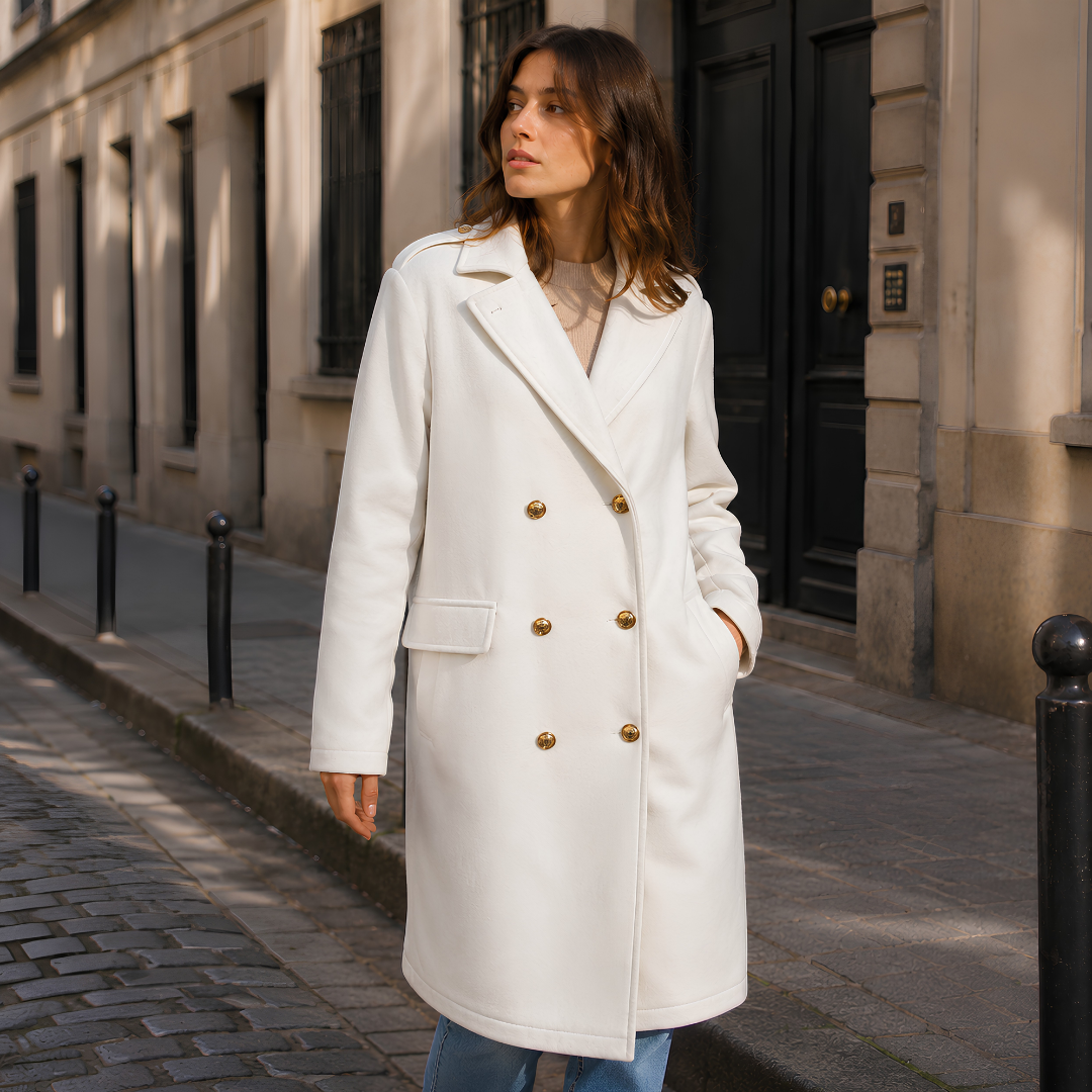 Manteau blanc long à boutonnage croisé, poches à rabat et boutons dorés