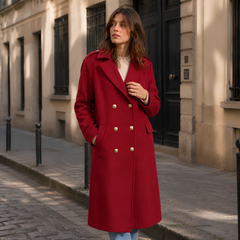 Manteau femme bordeaux long à boutonnage croisé et boutons dorés