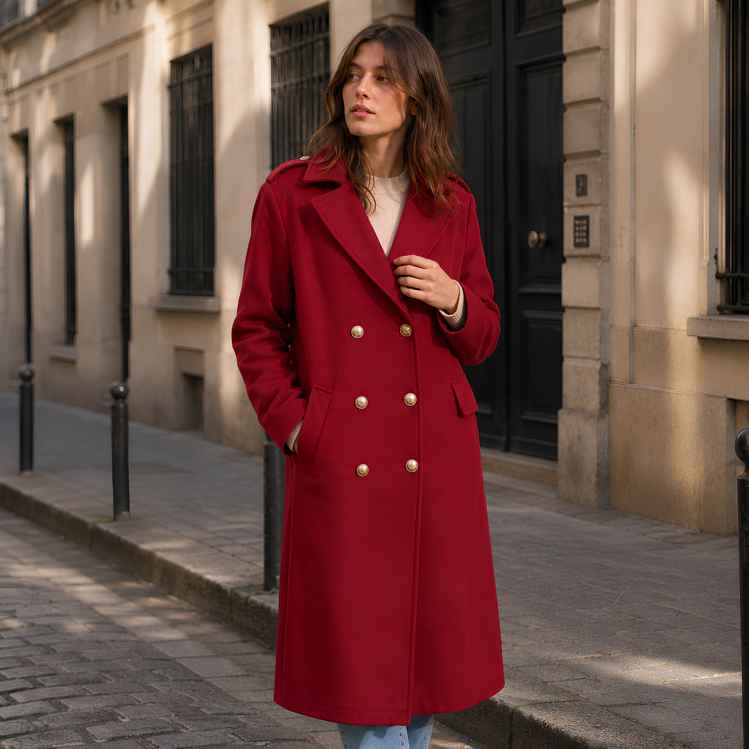 Manteau femme bordeaux long à boutonnage croisé et boutons dorés