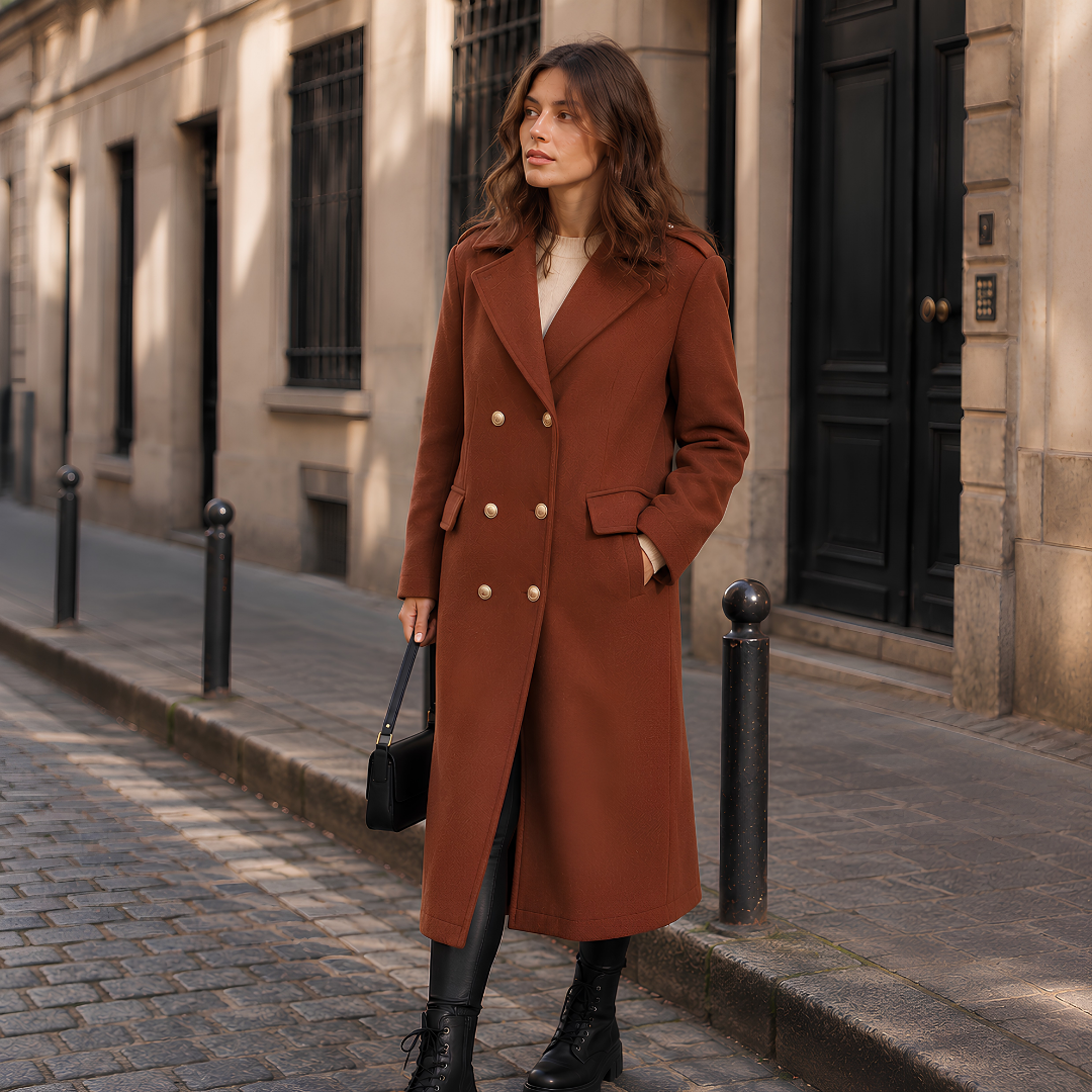 Manteau long marron à boutonnage croisé et boutons dorés porté en rue