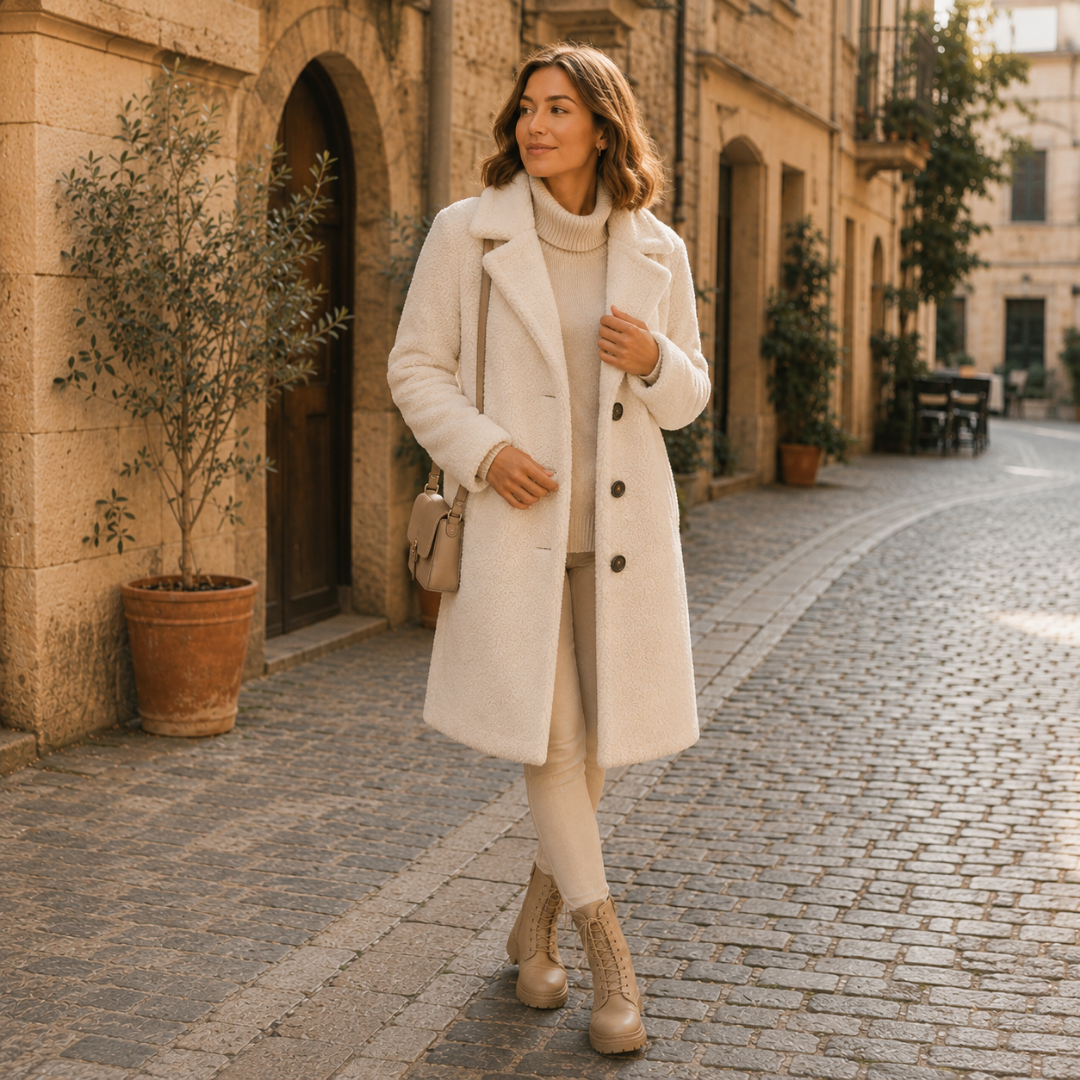 Manteau femme long blanc crème texturé, col tailleur et trois boutons devant