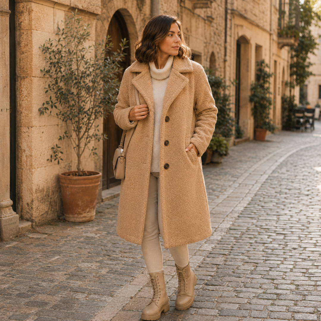 Manteau femme long camel à surface texturée, col tailleur et boutonnage devant
