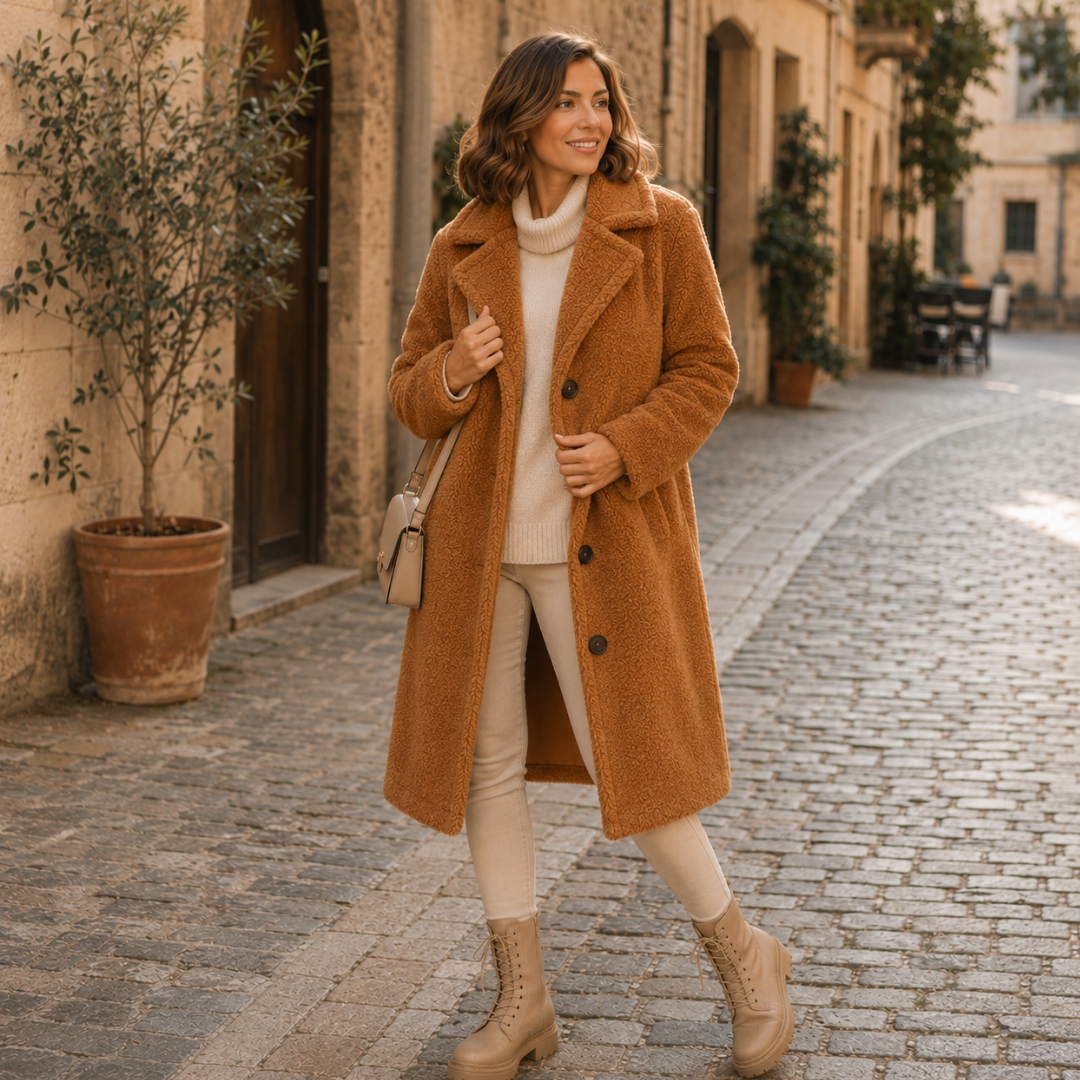 Manteau long marron femme porté ouvert, revers larges et boutons contrastés