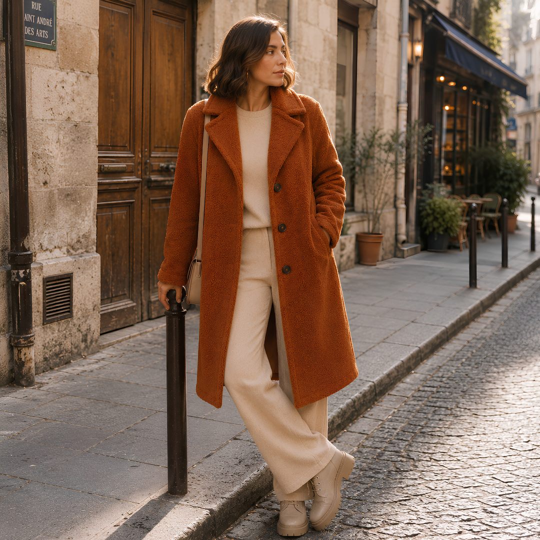 Manteau long terracotta femme de profil, revers larges et trois boutons sur le devant