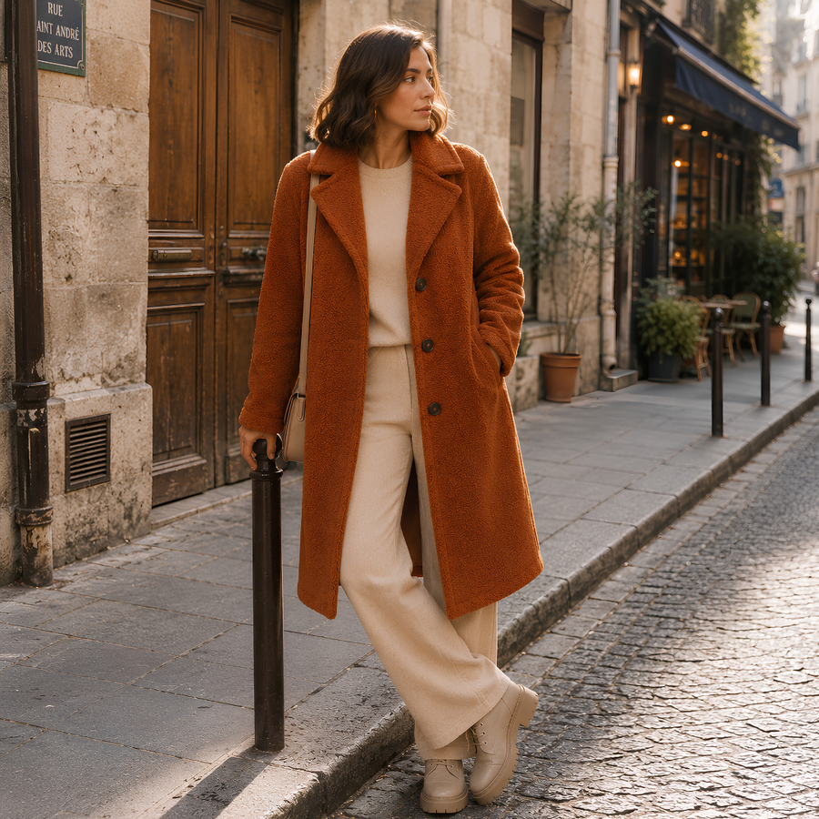 Manteau long terracotta femme de profil, revers larges et trois boutons sur le devant