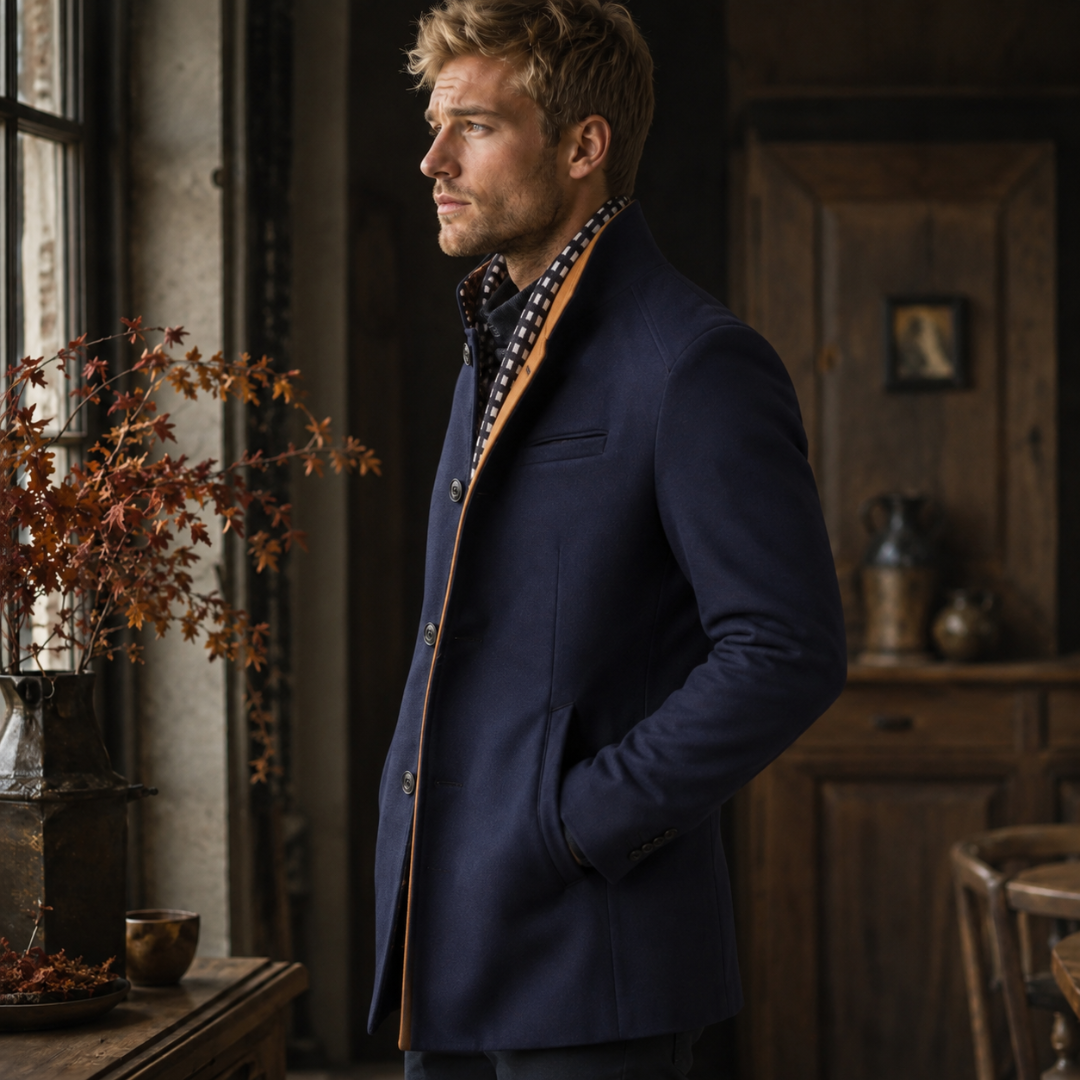 Manteau homme bleu marine à col montant boutonné et parementure camel contrastée