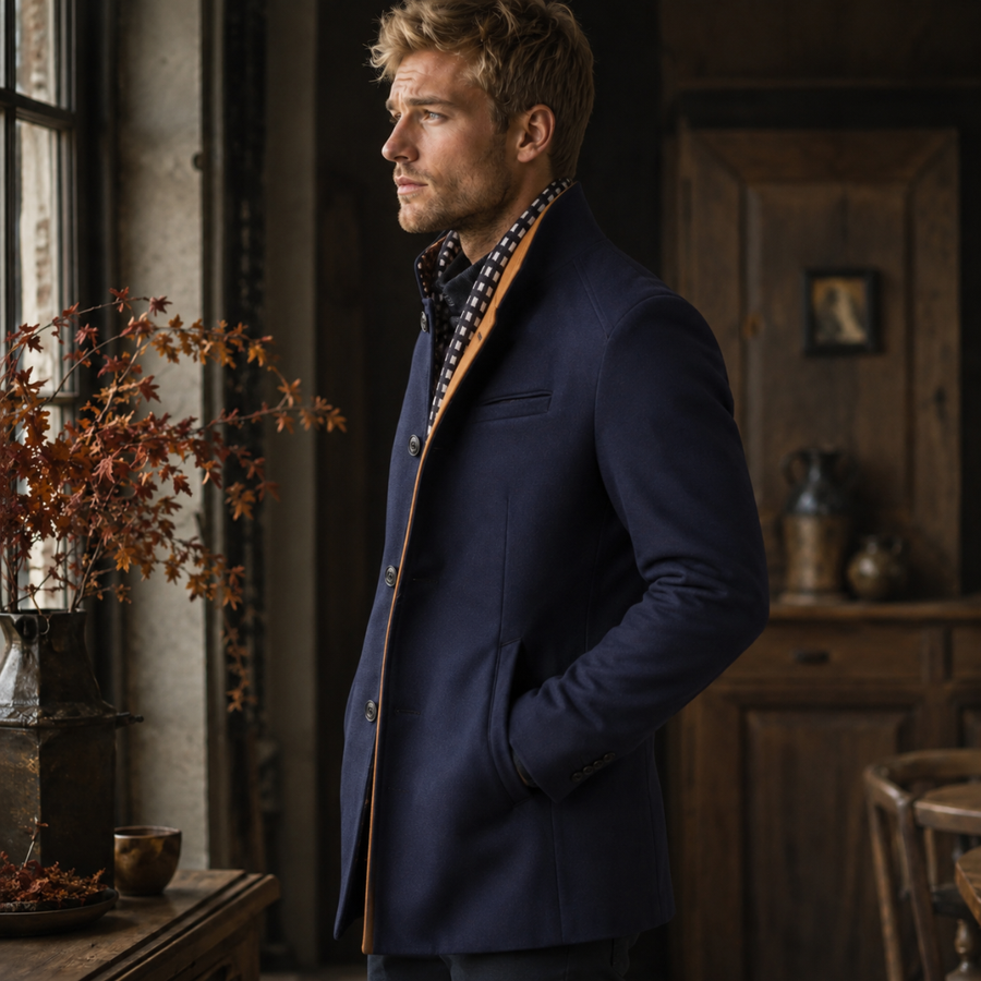 Manteau homme bleu marine à col montant boutonné et parementure camel contrastée