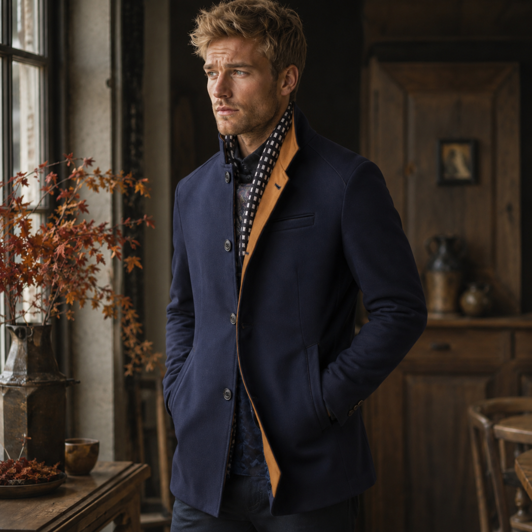 Manteau bleu marine ouvert laissant voir la parementure camel et la poche poitrine passepoilée
