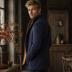 Manteau homme bleu marine de profil, boutons au poignet et poches latérales visibles