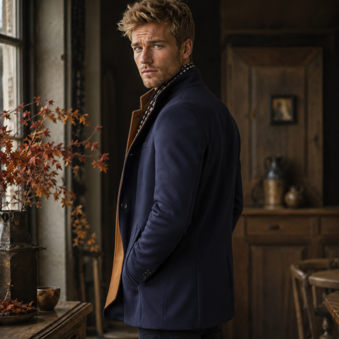 Manteau homme bleu marine de profil, boutons au poignet et poches latérales visibles