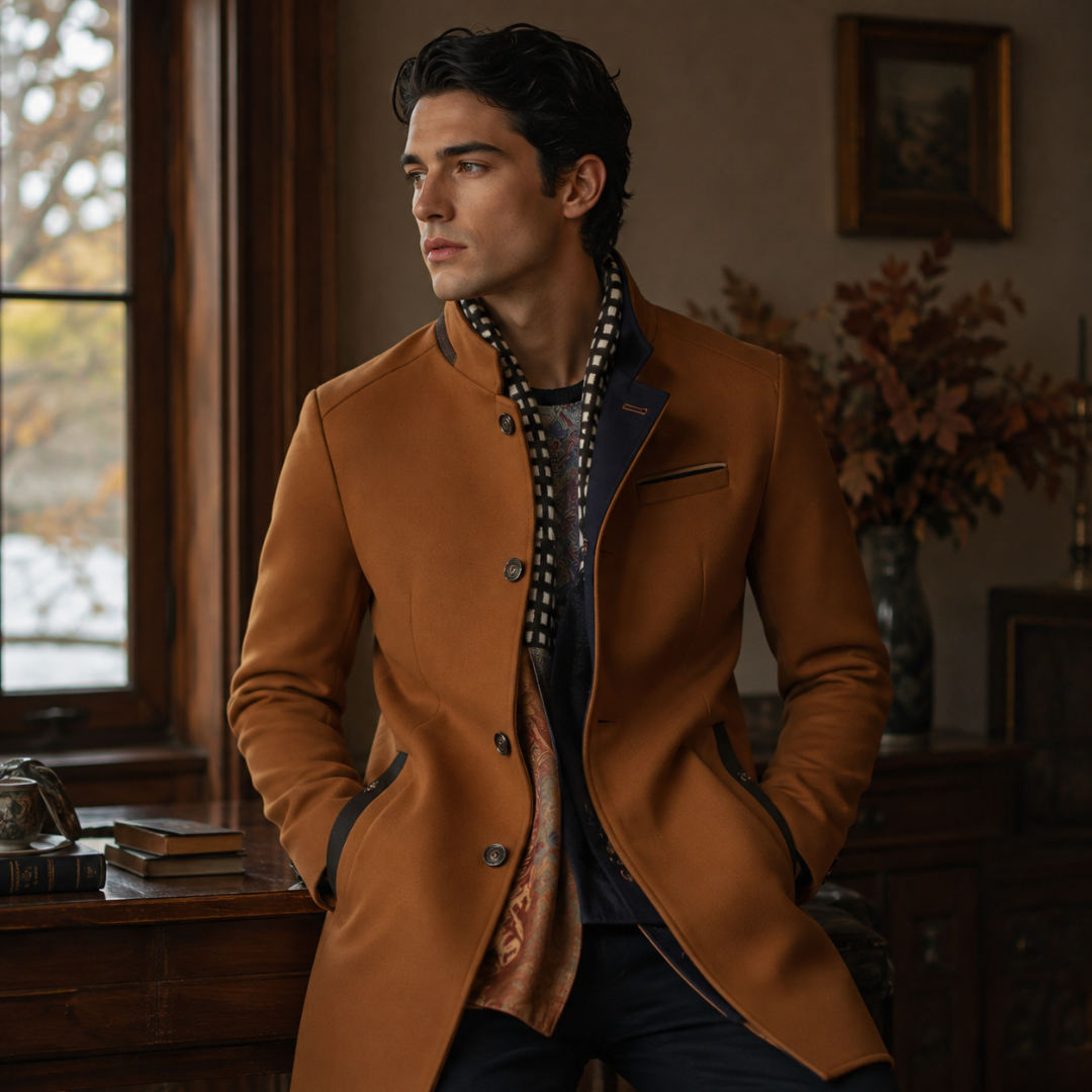 Manteau homme camel à col montant et parementure bleu marine contrastée
