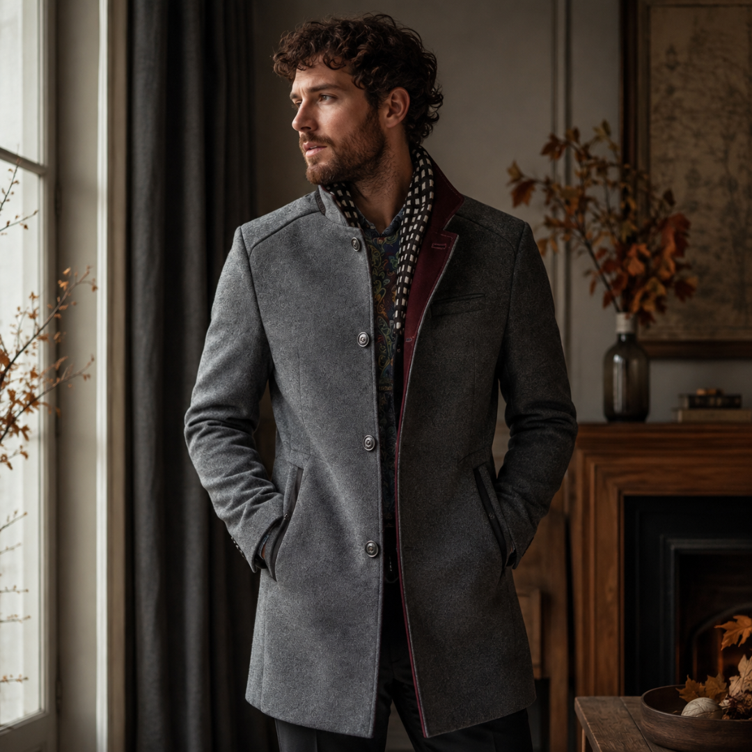Manteau homme gris chiné à boutonnage devant et parementure bordeaux contrastée