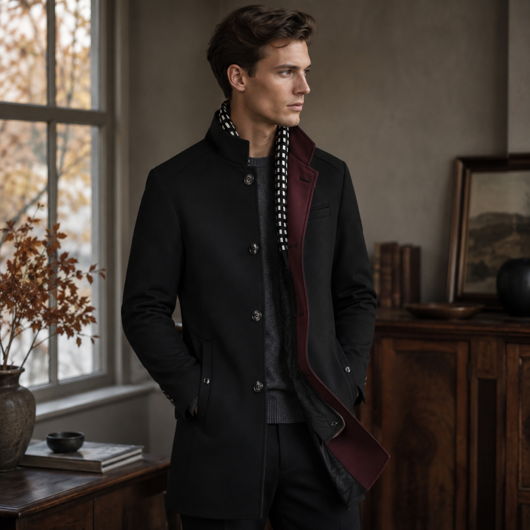 Manteau homme noir mi-long à col montant et bord devant bordeaux contrasté