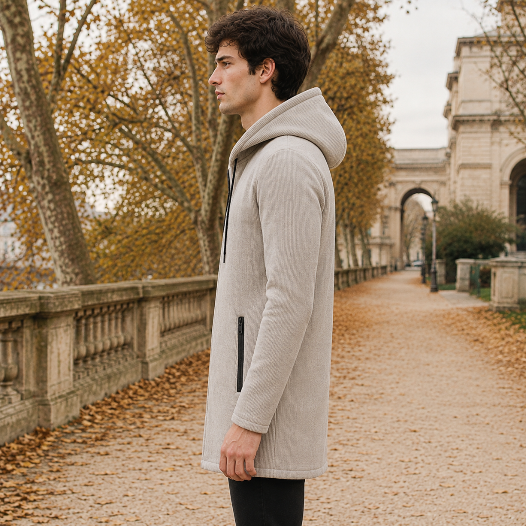 Vue de profil du manteau beige à capuche avec poche zippée noire sur le côté