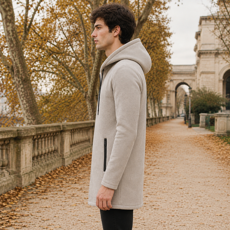 Vue de profil du manteau beige à capuche avec poche zippée noire sur le côté