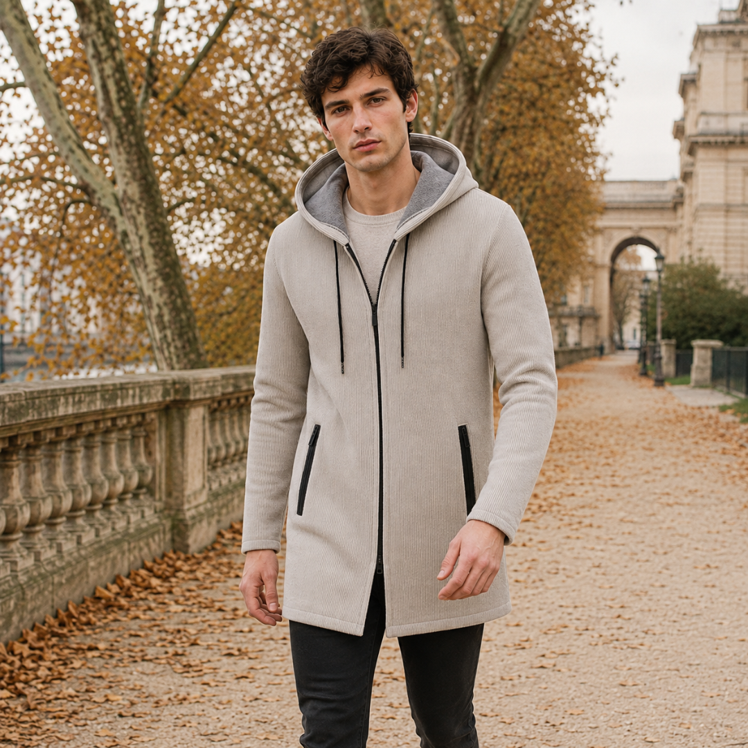 Manteau beige capuche doublée grise, deux poches zippées et zip noir ouvert