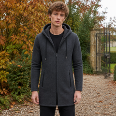 Manteau homme gris foncé à capuche, zip central et poches zippées à l'avant