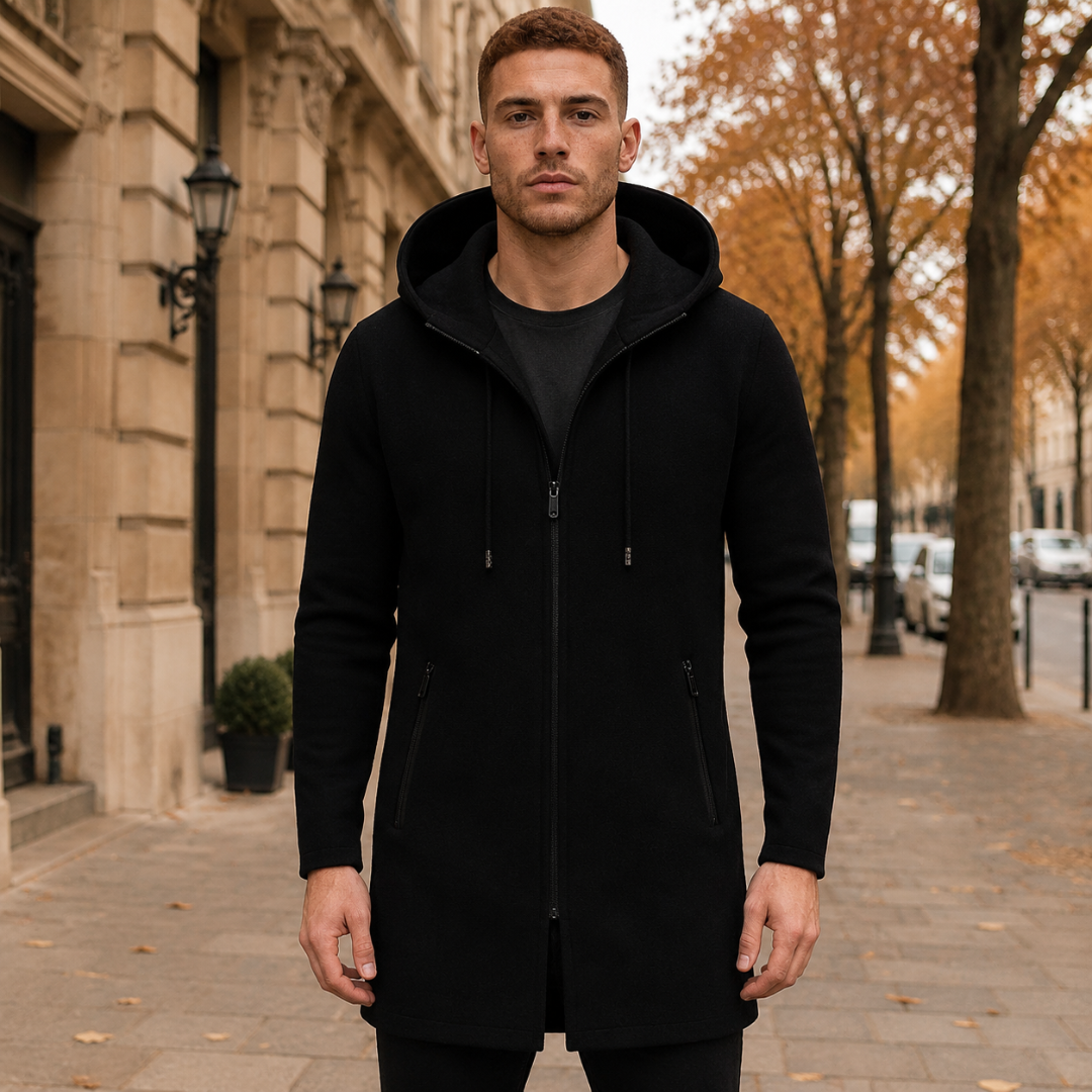 Manteau homme noir long à capuche, fermeture zippée et cordon de serrage