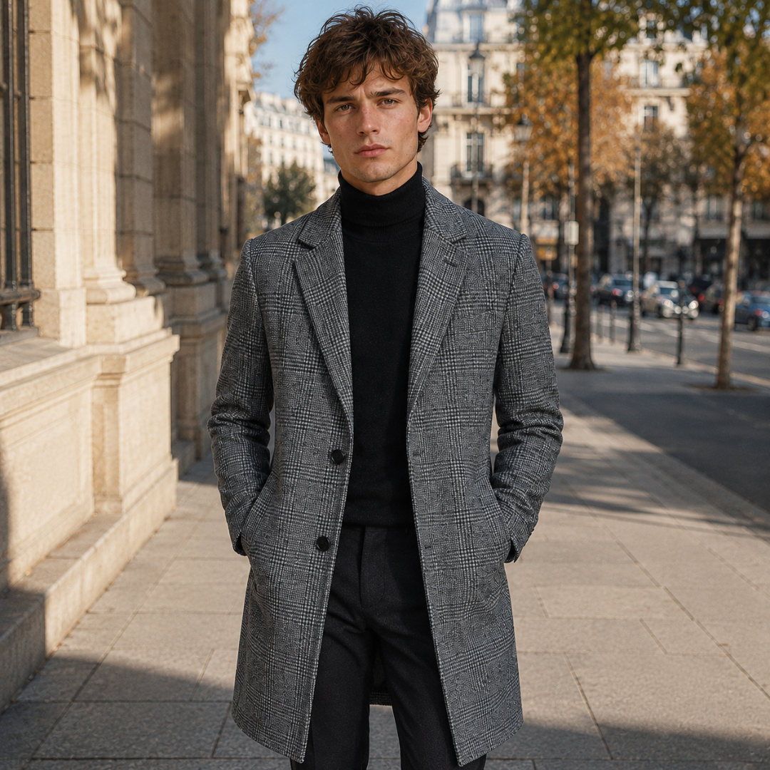 Manteau homme gris à carreaux porté sur un col roulé noir, boutonnage simple