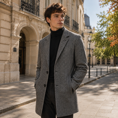 Manteau long homme à carreaux gris avec col cranté et poches sur les hanches