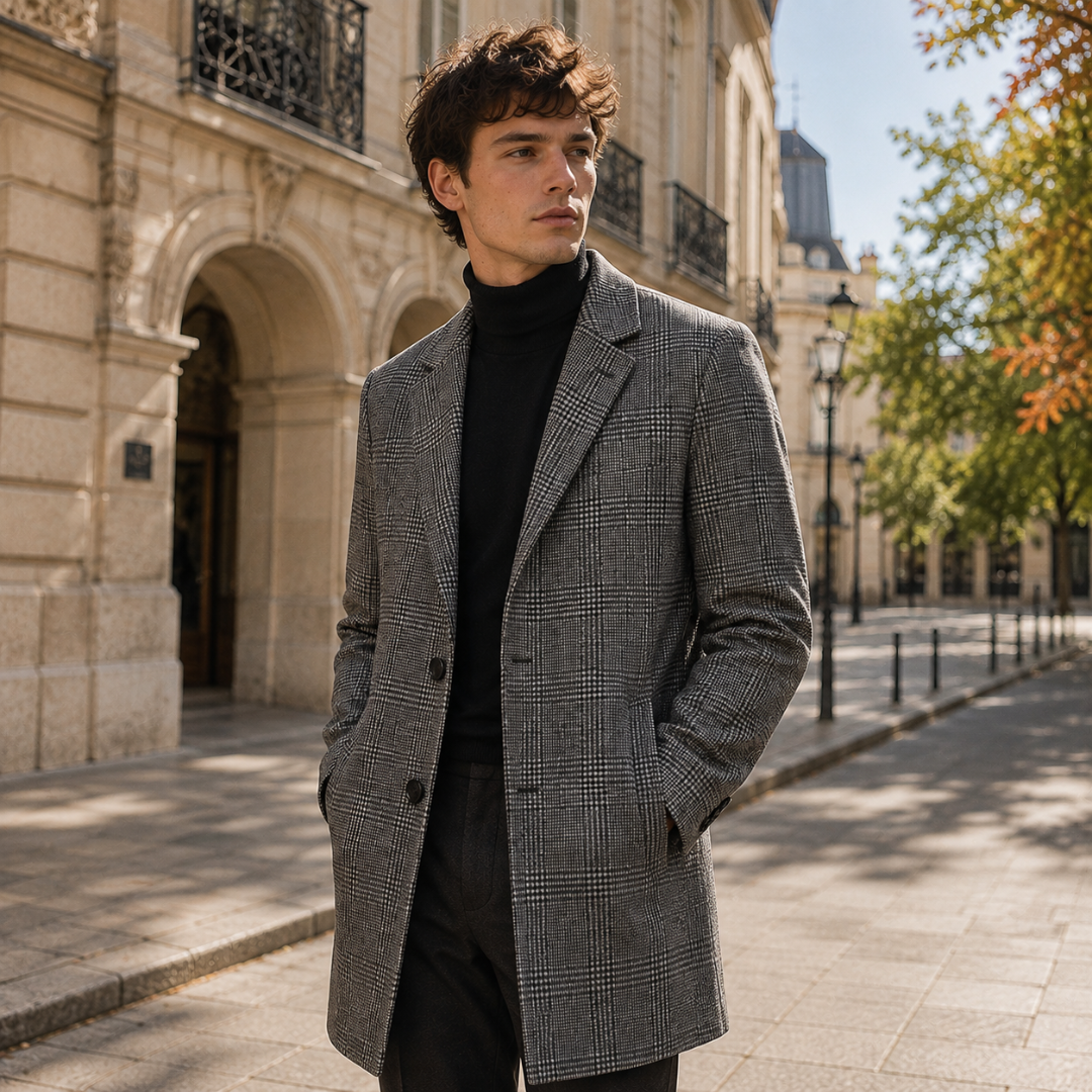 Manteau long homme à carreaux gris avec col cranté et poches sur les hanches