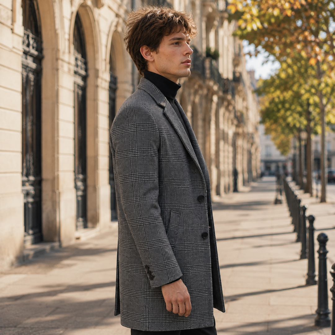 Profil du manteau homme gris à carreaux, boutons foncés et poignets boutonnés
