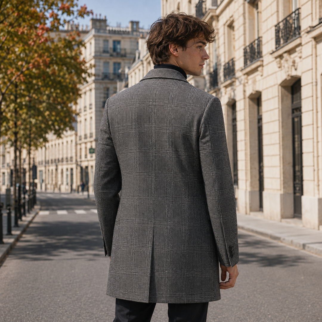 Dos du manteau homme à carreaux gris avec fente centrale et épaules structurées