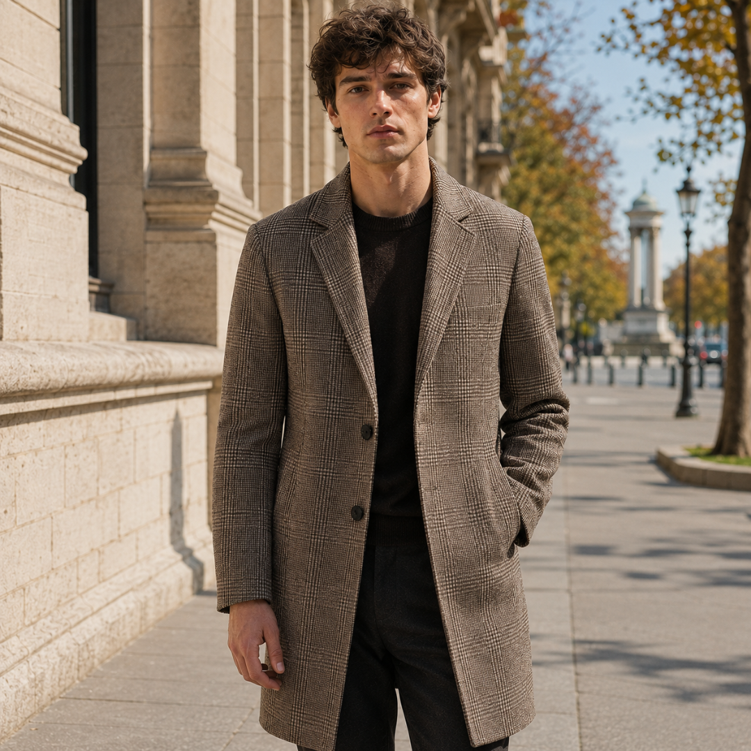 Manteau homme kaki à carreaux porté ouvert, col cranté et boutonnage simple