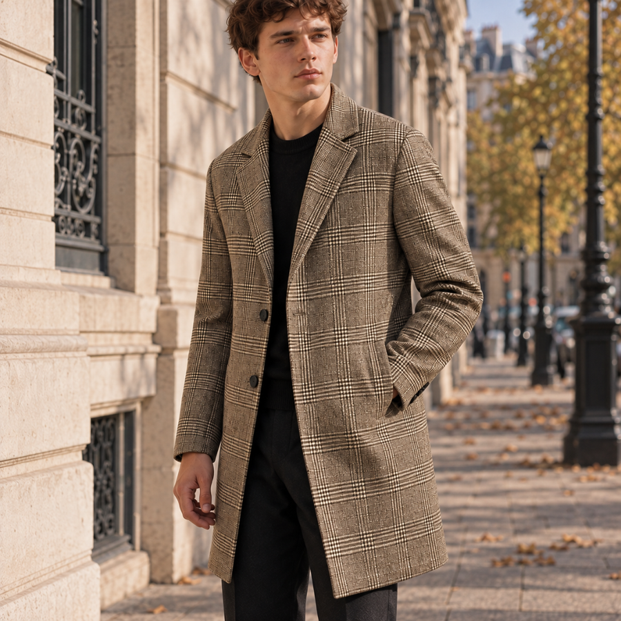Manteau homme kaki à carreaux porté sur un haut noir, boutonnage simple