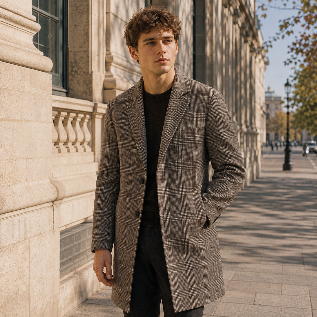 Manteau long homme à carreaux kaki avec poches passepoilées et revers crantés