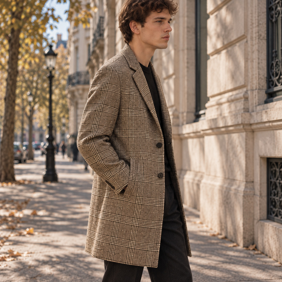 Manteau long homme à carreaux kaki de profil, col cranté et poches passepoilées