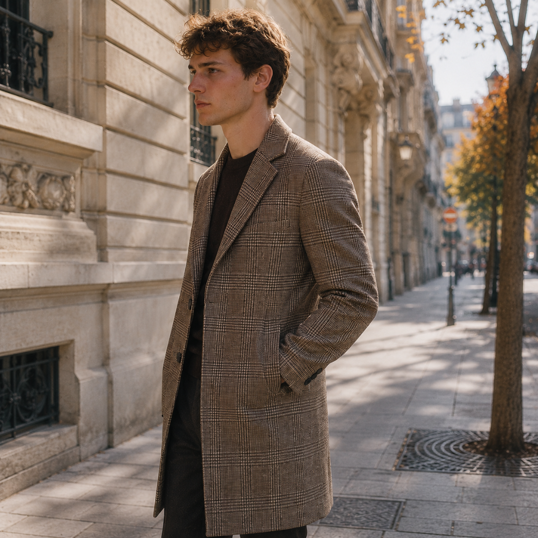 Vue de profil du manteau homme kaki à carreaux, coupe longue mi-cuisse