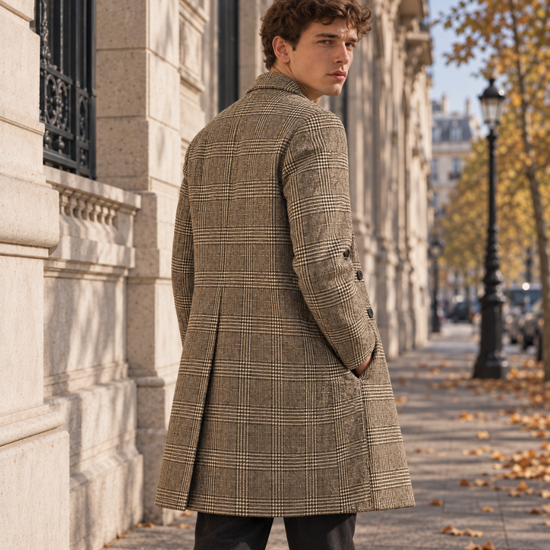 Dos du manteau homme carreaux kaki avec épaules structurées et poignets boutonnés