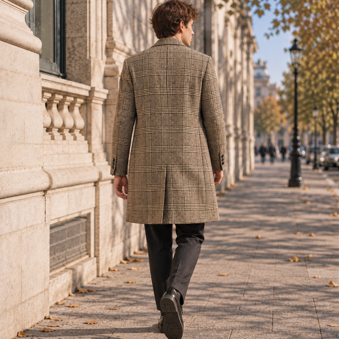 Manteau homme kaki à carreaux vu de dos, fente centrale et coupe longue
