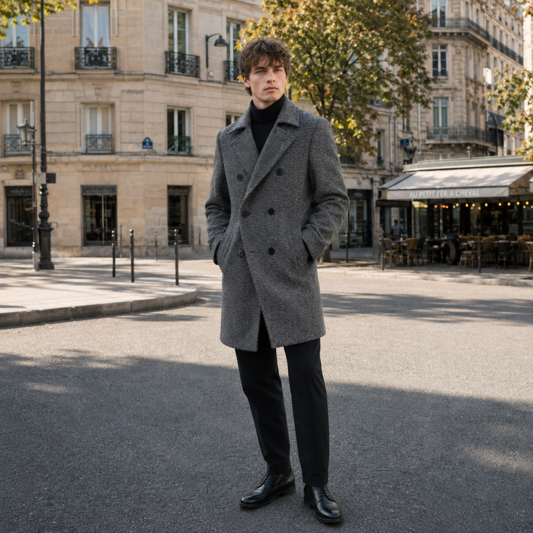 Manteau homme gris à chevrons fermé, boutons apparents et col cranté, en pleine rue