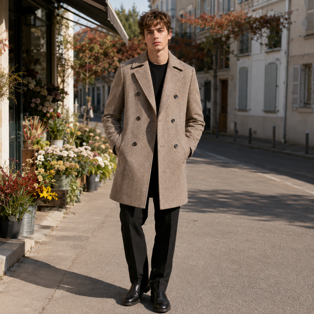 Manteau homme kaki à motif chevrons, fermeture croisée et col cranté, porté en ville