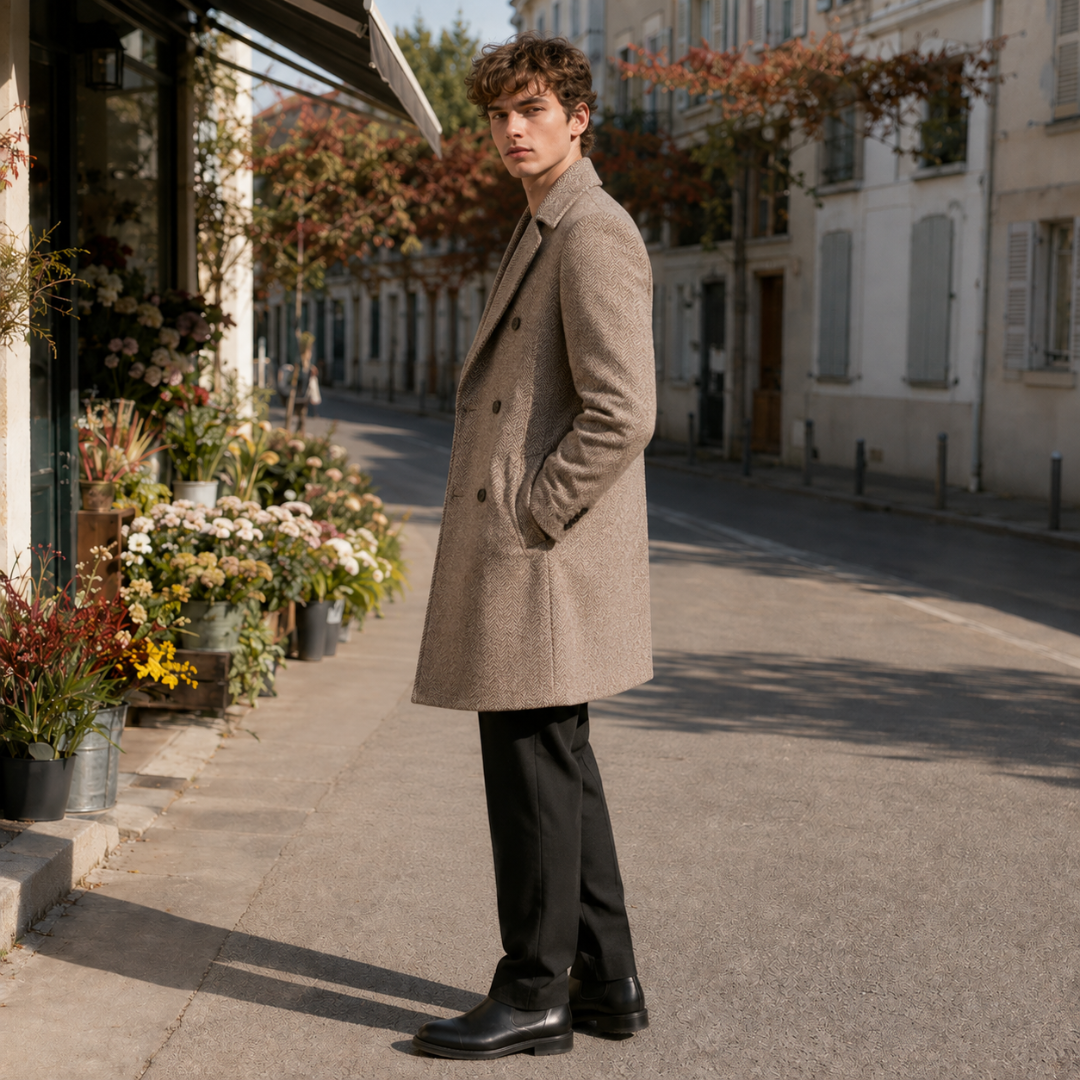 Vue de profil du manteau homme kaki croisé, poches latérales et longueur mi-cuisse