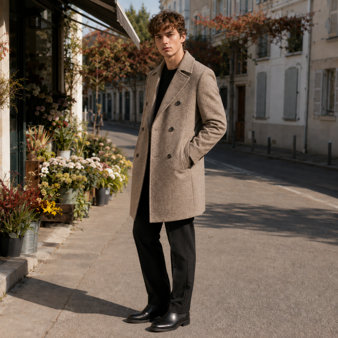 Manteau homme kaki ouvert, six boutons apparents et larges revers crantés