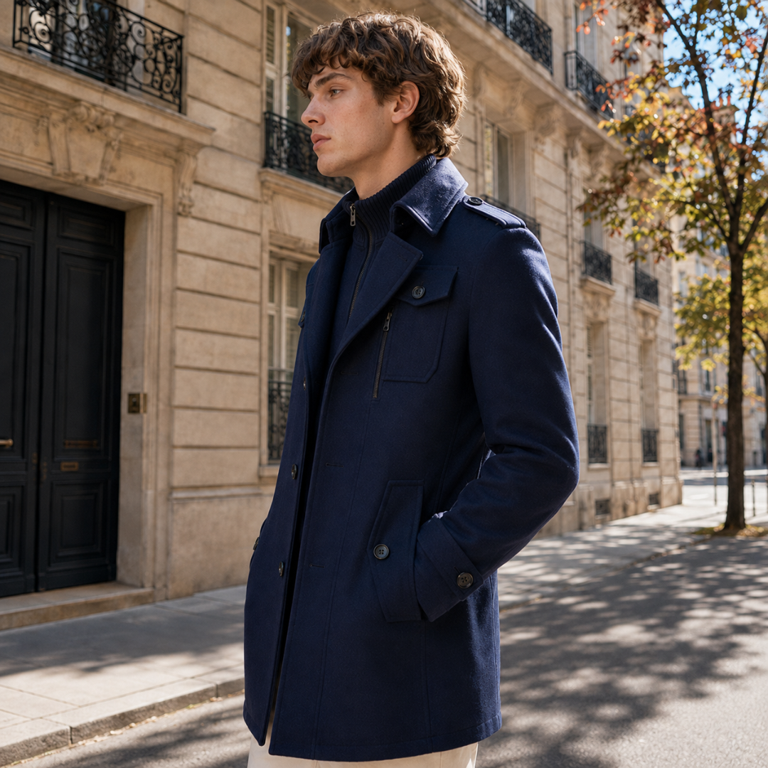 Profil du manteau bleu marine avec poche zippée poitrine et poignets boutonnés