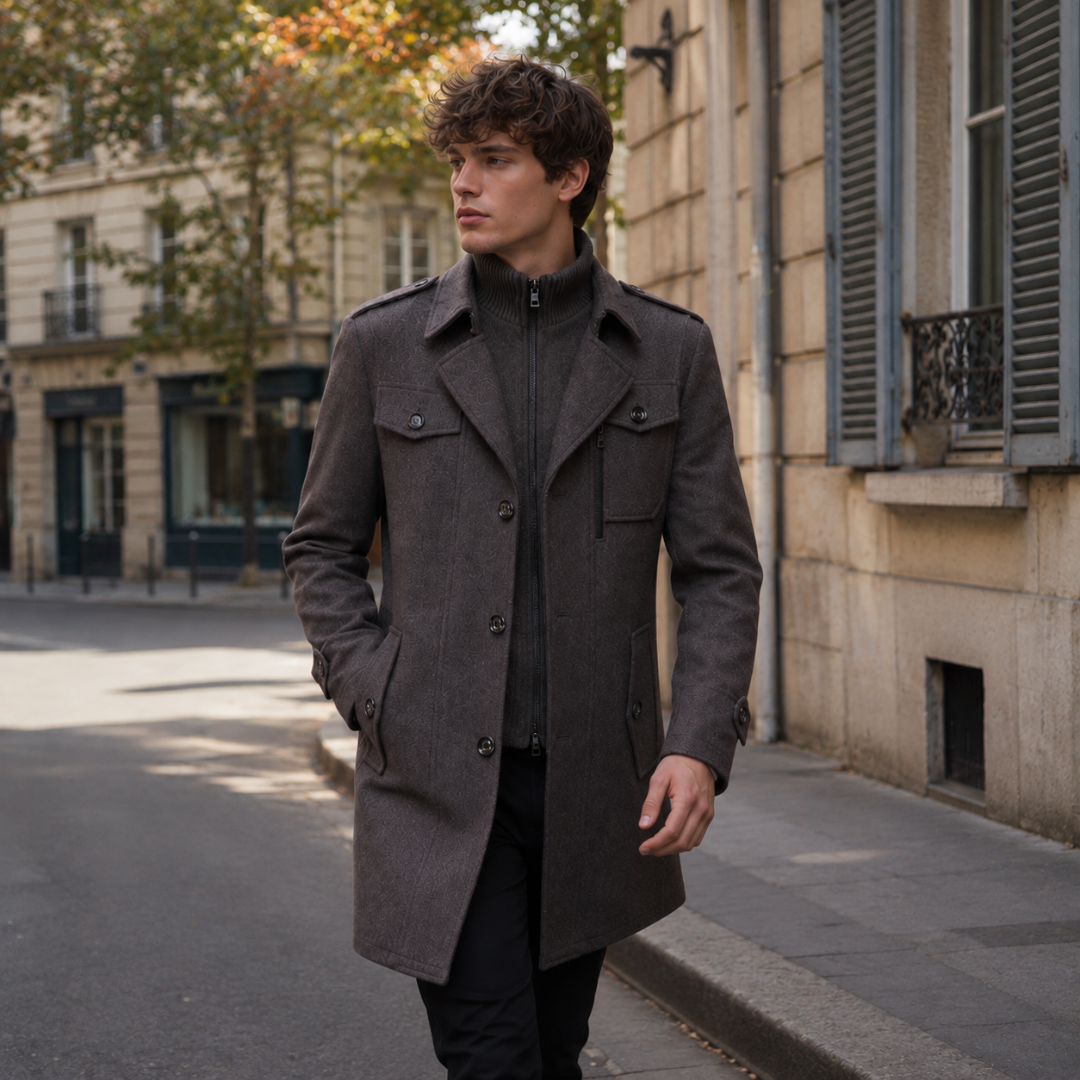 Manteau homme gris foncé mi-long à épaulettes et poches poitrine à rabat en ville