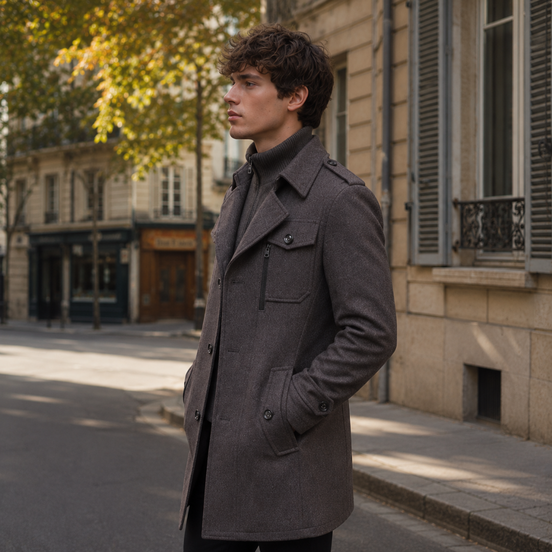 Vue de trois quarts du manteau gris foncé avec poche zippée sur le devant