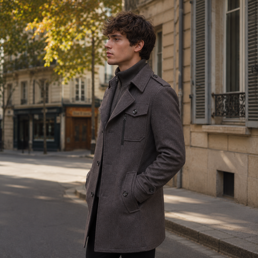 Vue de trois quarts du manteau gris foncé avec poche zippée sur le devant