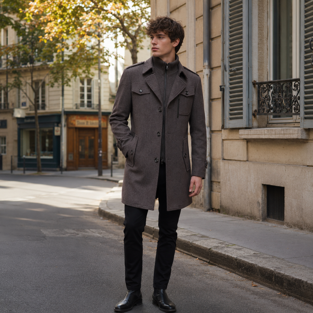 Manteau gris foncé porté ouvert avec pantalon noir et bottines, silhouette entière