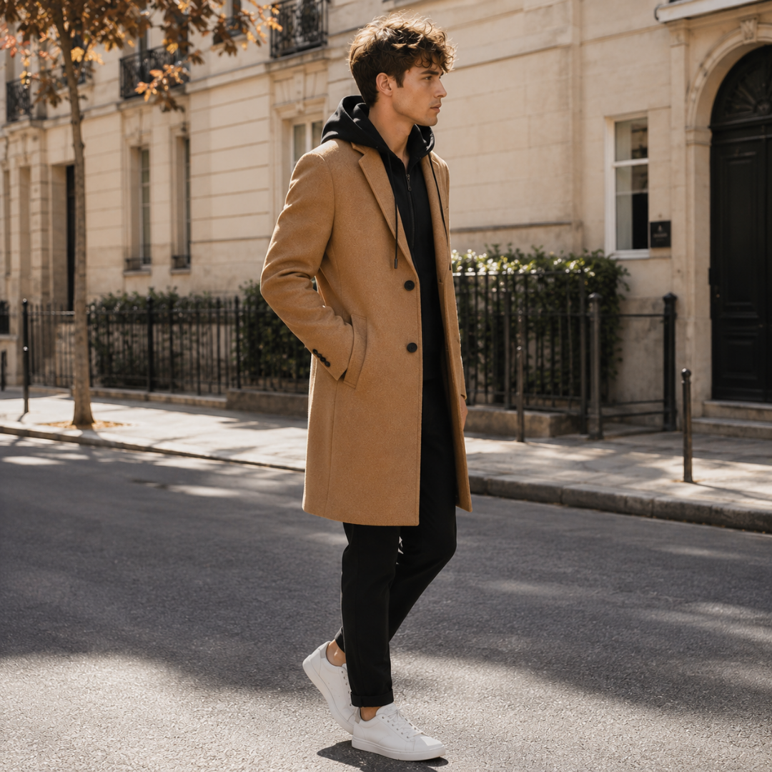 Manteau homme long camel à col cranté, vu de profil dans la rue