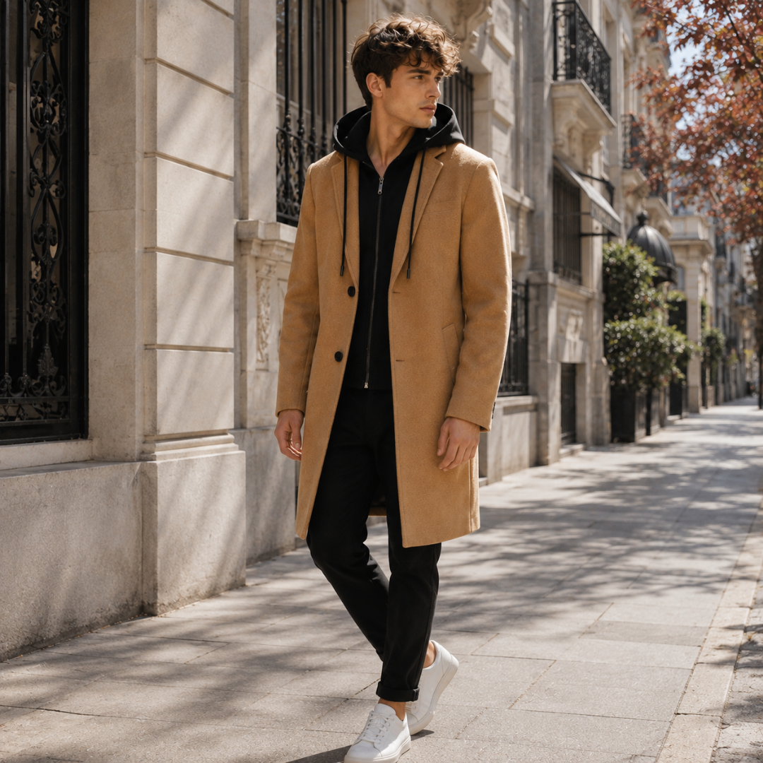 Manteau long camel ouvert avec boutonnage simple et poches passepoilées sur les côtés